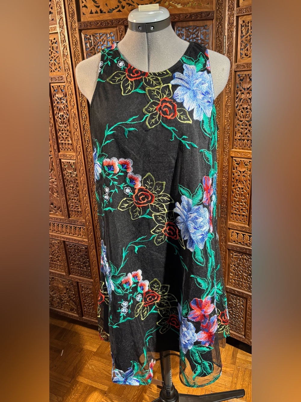 Beige by eci Black Midi Dress with Multicolor Floral Embroidery